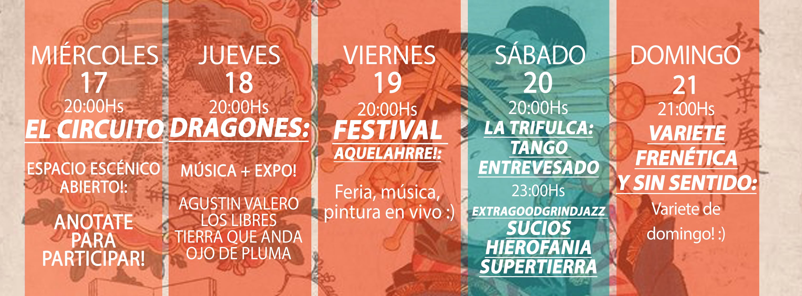 ¡Vení a Panda Rojo Espacio Cultural! ¡Semana de le amigue! ►MIÉRCOLES 17/07 20HS. - El Circuito (Espacio Escénico Abierto) - Abre: Proyecto Abstract Vení a El Circuito a ver más de diez artistas de diversas disciplinas que prueban y/o pulen material! ¡A la gorra! ►JUEVES 18/07 20HS. - Para los Dragones Ciclo de Música y Expo Nos acompañan en el escenario: Agustin Valero, Los Libres; Tierra Que Anda, Ojo de Pluma ►VIERNES 19/07 20HS. - Aquelahre Festival Transfeminista Feria, música y pintura en vivo! ►SÁBADO 20/07 20HS. - Trifulca tango enrevesado ►SÁBADO 20/07 23HS. - Sucios, Hierofania, Supertierra ►DOMINGO 21/07 21HS. - Varieté Frenética y Sin Sentido 4ta edición - ¡A la gorra! Noche de teatro, música, circo, expo y quilombo loco!